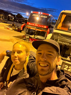 Digital nomads travelling through Bolivia. Overnight bus from La Paz to Uyuni, Boliva. Couple travel, slow travel, working remotely, vegan travel, budget travel.