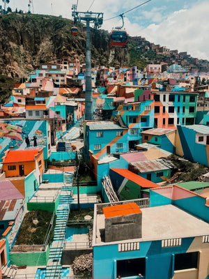 Beautiful vibrant and colourful La Paz village passing over teleferico