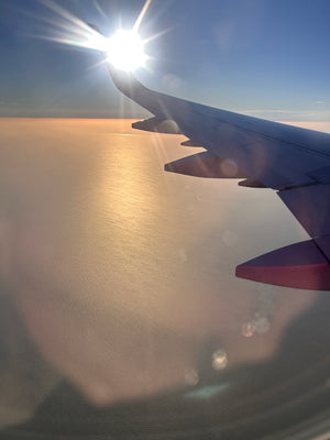 View from plane on Wizz air flying from Budapest to Gatwick in London, digital nomads getaway