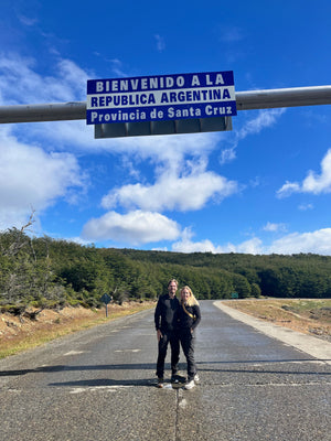 Digital nomads travelling through Patagonia, crossing border from Chile into Argentina. Couple travel, slow travel, working remotely, vegan travel, budget travel. Near Puerto Natales, driving to El Chalten.