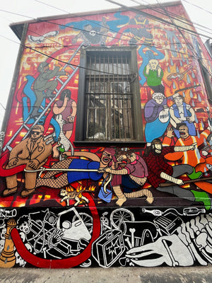 Digital nomads travelling through Valparaiso, Chile. Couple travel, slow travel, working remotely, vegan travel, budget travel. Street art.