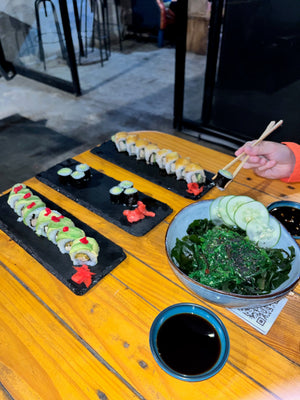 Digital nomads eating vegan sushi in Monteverde Costa Rica at the Open Kitchen