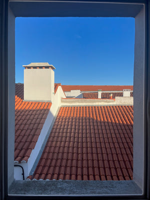 traditional clay shingles and terracotta roof tops in picturesque view from Airbnb window.