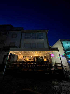 Quaint and delicious restaurant in Nazare Portugal offering plant-based hummus and wine while locals connect