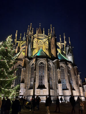 Beautiful Prague Castle at Night during Christmas Markets with light and Christmas tree