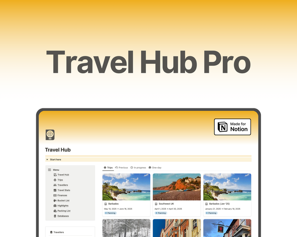 Travel Hub is a comprehensive all-in-one Notion template that lets you plan all your trips in one place, collaborate with others, track expenses and itineraries, analyze travel statistics, create packing lists, add travel documents, and review country information for quick planning.