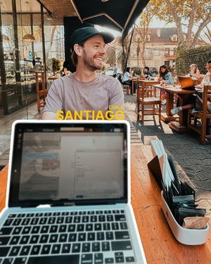 Remote work from café in Santiago, Chile with coffee and laptop