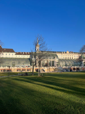 Beautiful public park with historical building in Vienna Austria with greenhouse