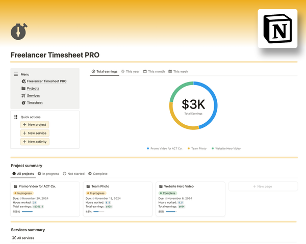 Freelance Timesheet PRO Notion Template