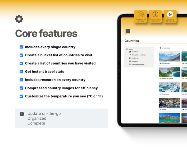 Includes every country with flag and image. See quick analytics on your travel stats. Add countries to your bucket list and visited list. Mark them as visited or checked off easily. Includes basic information for each country such as language, currency, plug type, high season, low season, rainy season, avg. monthly temperature. Select your preferred temperature scale to customize.