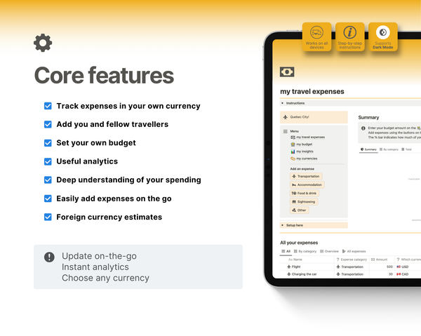 Track expenses in your own currency (30+ currencies to choose from). Add yourself and other travellers, set a budget, review informative analytics, add expenses in seconds on the go, and get an idea of how much you might spend in various currencies before you leave.