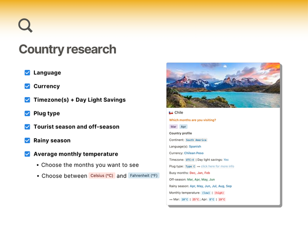 For every country, get instant access to basic country research such as language, currency, timezone, plug type, tourist season, off-season, rainy season, and average monthly temperature. Choose between Celsius and Fahrenheit too.