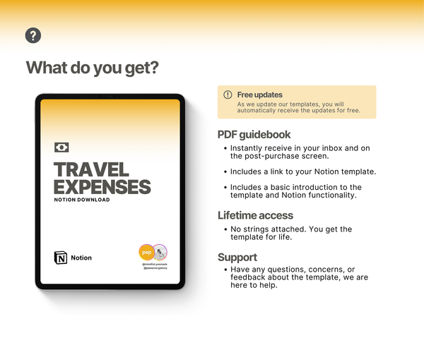 Purchase includes a PDF guidebook delivered to you instantly via email. The guidebook includes some basic introductory remarks for Notion and the download link to your template.