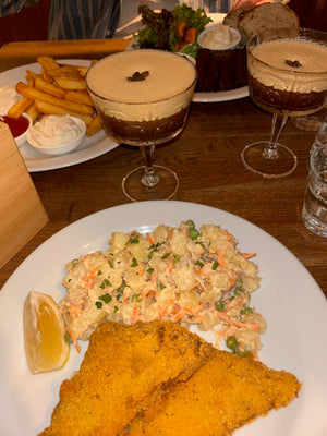 Delicious vegan schniztel and vegan ribs, espresso martini at Strecha in Prague, Czechia.