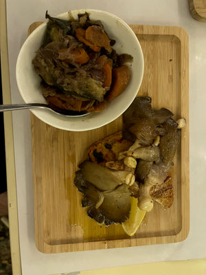 Vegan plant-based king oyster mushroom dinner at Bruxa d'Evora in Evora, Portugal