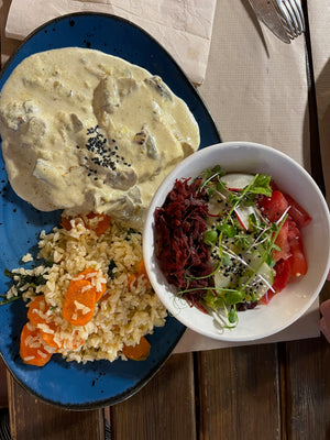 Vegan plant-based Creamy sliced tofu dish with fresh salad edamame rice carrots in Quarteira Portugal at Raízes