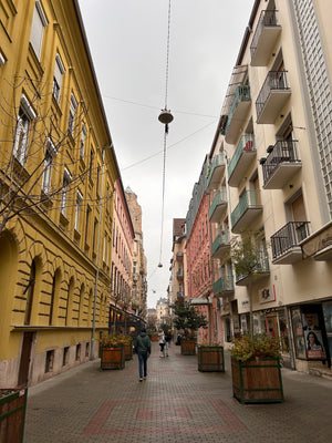 Yellow Historic beautiful architecture buildings and laneway road in Budapest digital nomads visiting Christmas Markets