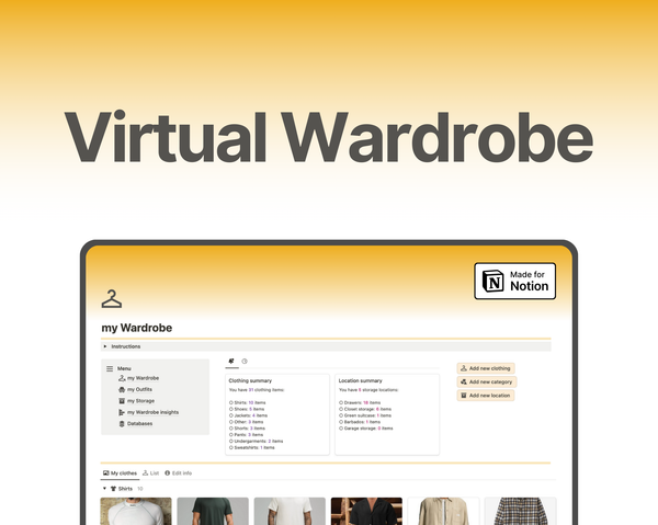 Virtual wardrobe & clothing organizer on Notion