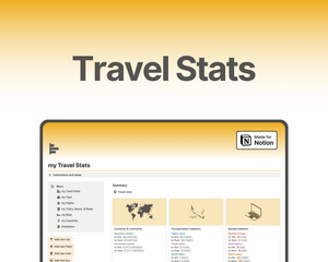 Free Notion Template Easy-to-use and comprehensive travel stats tracker template on Notion for Digital nomads, travellers, and adventure seekers. Track countries visited, flights taken, beds slept in and much more.