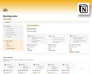 Free Notion template for tracking meeting notes. Track meetings and associated notes, priority meetings, one-on-one, weekly, board meetings.