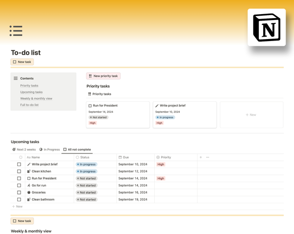Free Notion template for tracking all your to-dos. Mark them as a priority, track their status, and view them for the week or month.