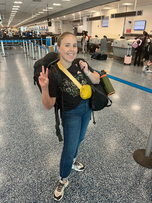 Digital nomads travelling through Chile. Couple travel, slow travel, working remotely, vegan travel, budget travel. Flight from Santiago to Toronto, Canada through Miami. Backpackers.
