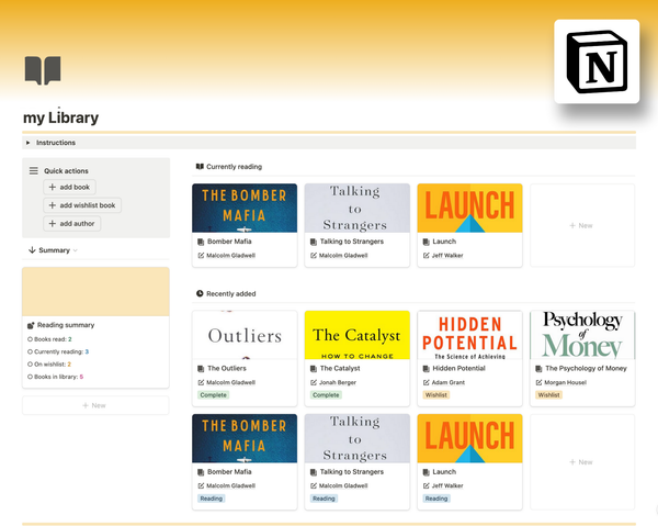 We use this template for tracking our reading list and virtual library. We can show the books we've read, want to read, are currently reading. We can also track the books by author, genre, publication, etc.