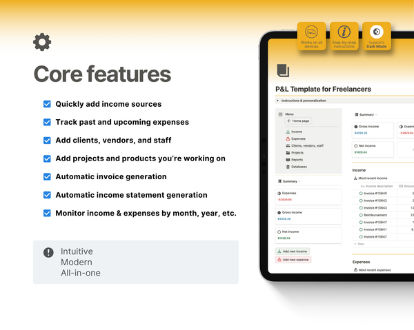 Quickly add income and their sources to track past, current, and future income. Track past and upcoming expenses per client, and per project. Add projects, clients, vendors, and staff to track profitability based on income and expenses. Automatically generate invoices for the work you're completing. Create your own income statement and filter the information you want to see. Monitor your data with instant and useful analytics on a monthly, annual basis.