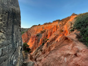 Beautiful rock formations on beach in Lagos Portugal (Ponta da Piedade) during morning trail run and hike
