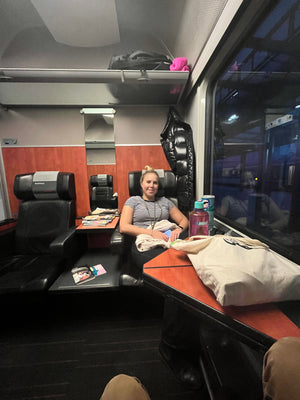 Woman riding first class on RegioJet train between Prague and Vienna 4 hour trip digital nomads backpacking