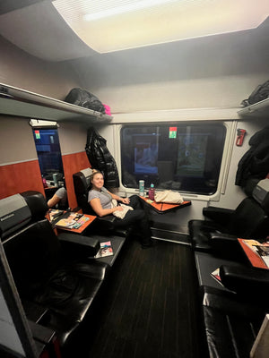 Woman riding first class on RegioJet train between Prague and Vienna 4 hour trip digital nomads backpacking
