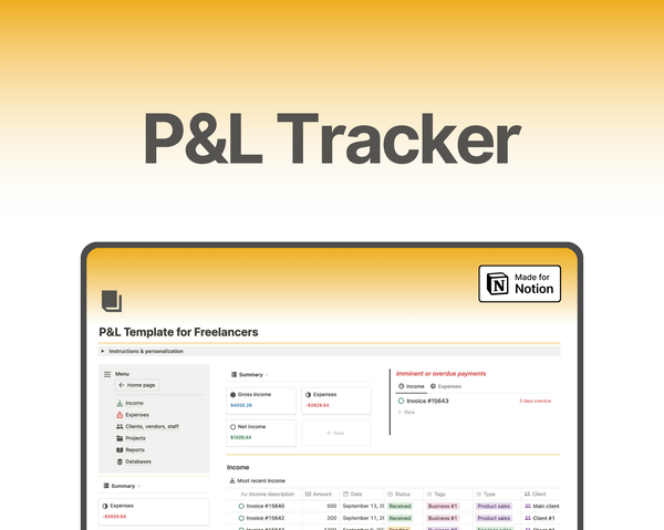 Easy-to-use and comprehensive profit and loss tracker template on Notion for freelancers, small businesses, and side-hustles. Organize all your businesses finances in one centralized place. Monitor profitability across your business by project and by client.
