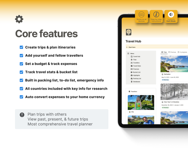 Travel Hub is a comprehensive all-in-one Notion template that lets you plan all your trips in one place, collaborate with others, track expenses and itineraries, analyze travel statistics, create packing lists, add travel documents, and review country information for quick planning.
