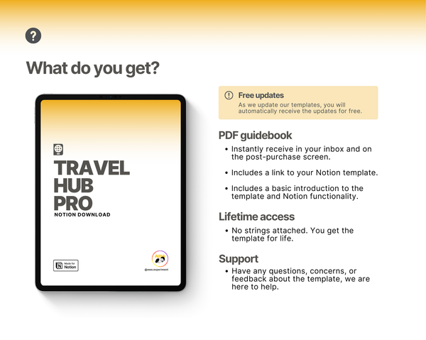 Travel Hub is a comprehensive all-in-one Notion template that lets you plan all your trips in one place, collaborate with others, track expenses and itineraries, analyze travel statistics, create packing lists, add travel documents, and review country information for quick planning.