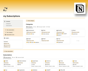 Track your subscriptions effortlessly with this Notion template. Get insights on renewals, spending, and more to manage your budget effectively.