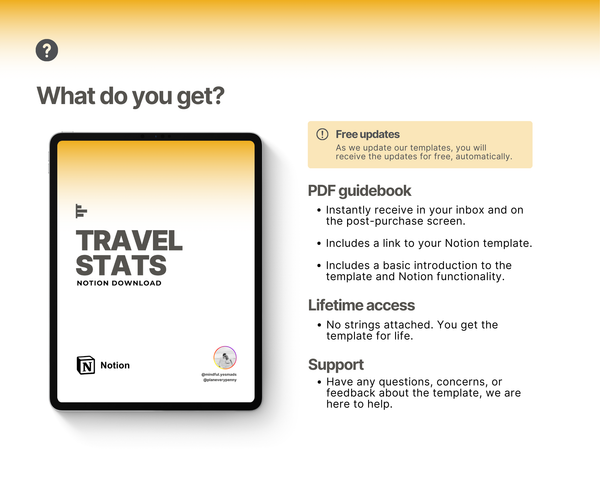 The purchase of this travel stats template includes a PDF guidebook that includes a link to your Notion template and some tips on how to best use your template.