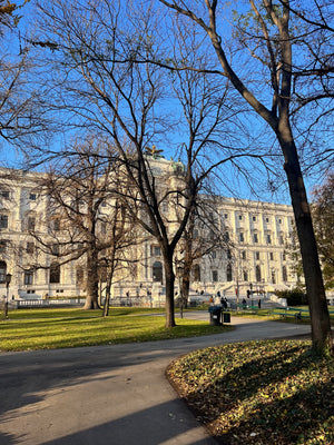 Beautiful public park with historical building in Vienna Austria