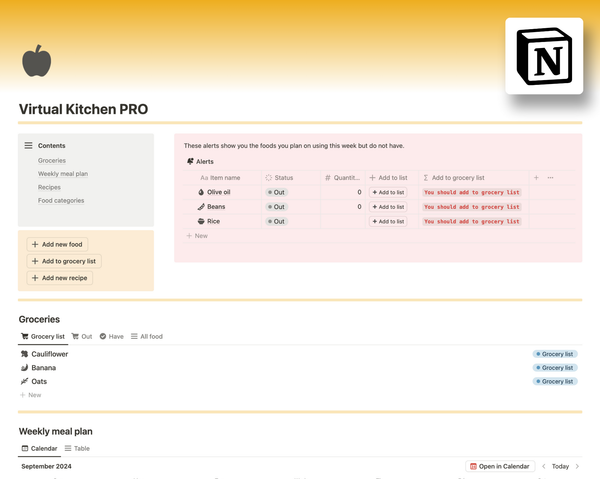 Create a virtual kitchen with this Notion template. Plan meals, make grocery lists, and save recipes effortlessly. Perfect for meal prep!